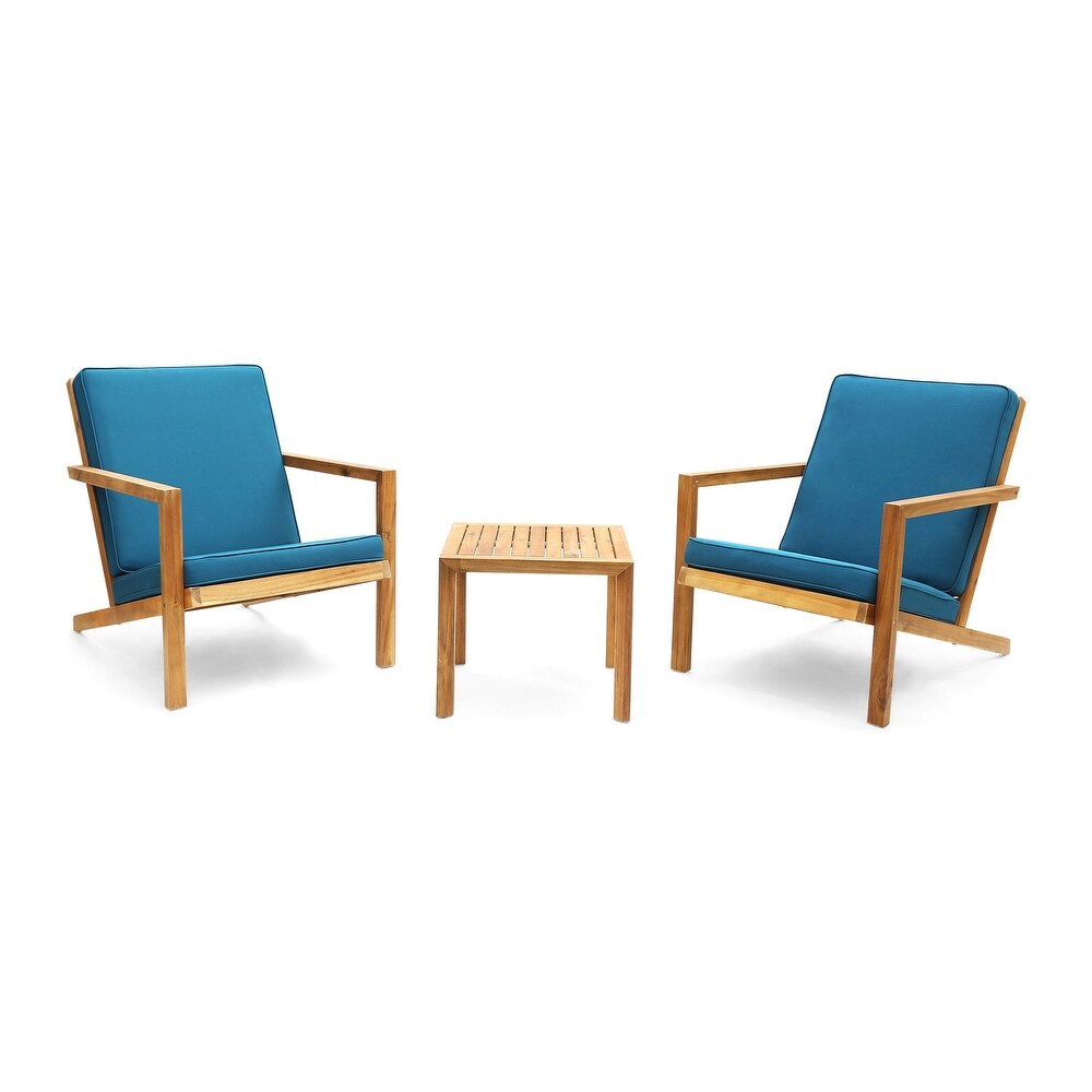Leah Outdoor 3 piece Acacia Wood Chat Set with Cushions by Christopher Knight Home