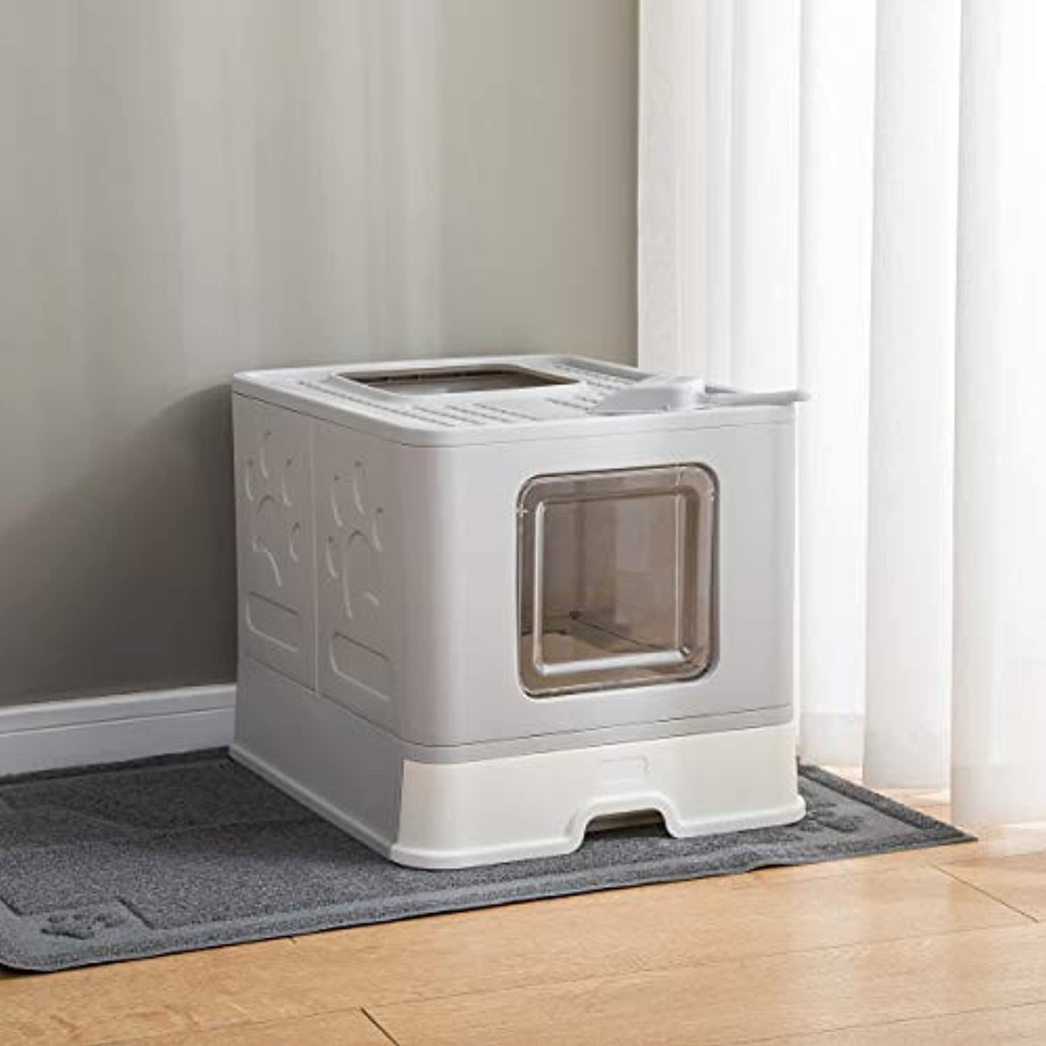 Foldable Cat Litter Box with Lid， Large Enclosed Cat Litter Boxes， Top Entry Cat Potty， Easy to Clean Anti-Splashing Litter Pan Including Litter Scoop (Gray)