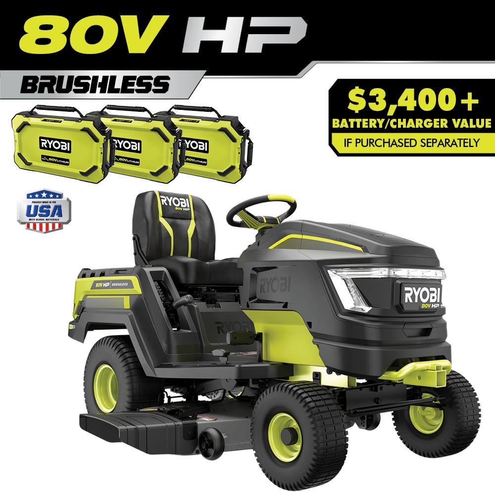 RYOBI 80V HP Brushless 46 in. Battery Electric Cordless Riding Lawn Tractor with (3) 80V 10Ah Batteries and Charger RYRM8070