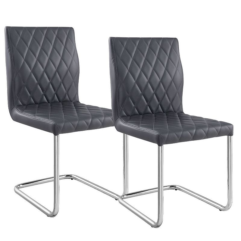 Metal Side Chairs with Faux Leather Seat and Back， Set of 2， Gray and Silver