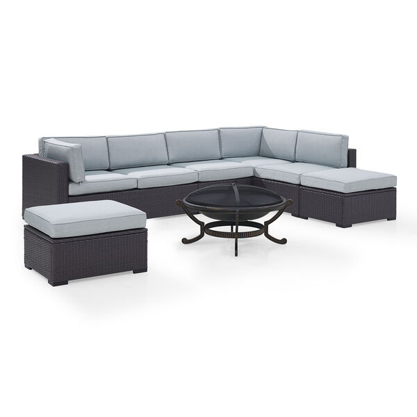 Biscayne 7 Person Outdoor Wicker Seating Set in Mist - Two Loveseats， One Armless Chair， Two Ottomans， Ashland Firepit