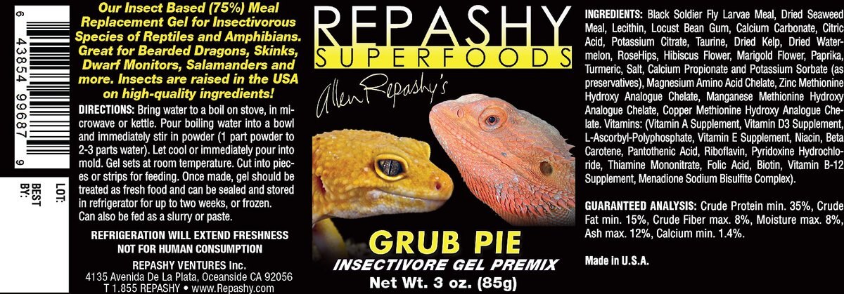 Repashy Superfoods Grub Pie Gel Premix Reptile and Amphibian Food， 3-oz bottle