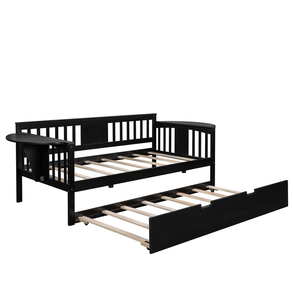 Espresso Pine Daybed with Trundle Bed  Small Side Tables