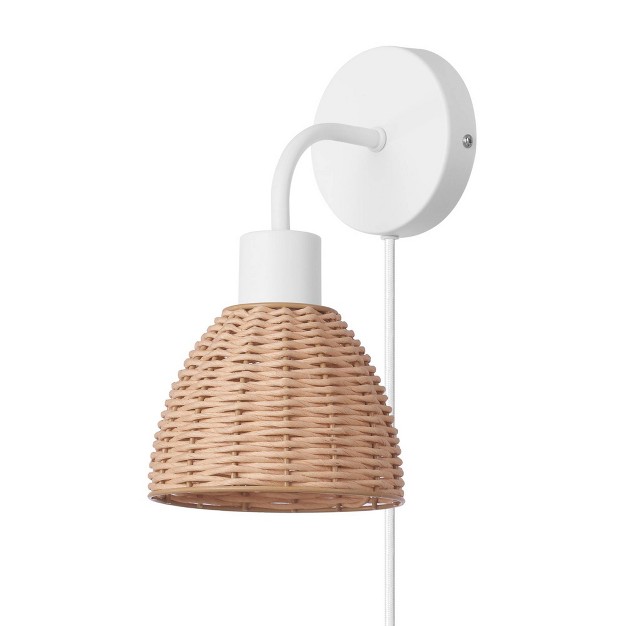 Briar 1 light Matte White Plug in Or Hardwire Wall Sconce With Rattan Shade Globe Electric