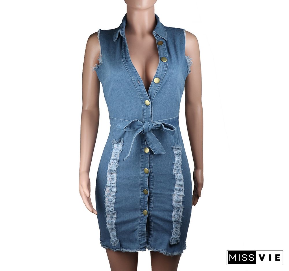 Casual High Street Women Summer Sleeveless Ripped Hole Straight Knee Length Denim Midi Dress