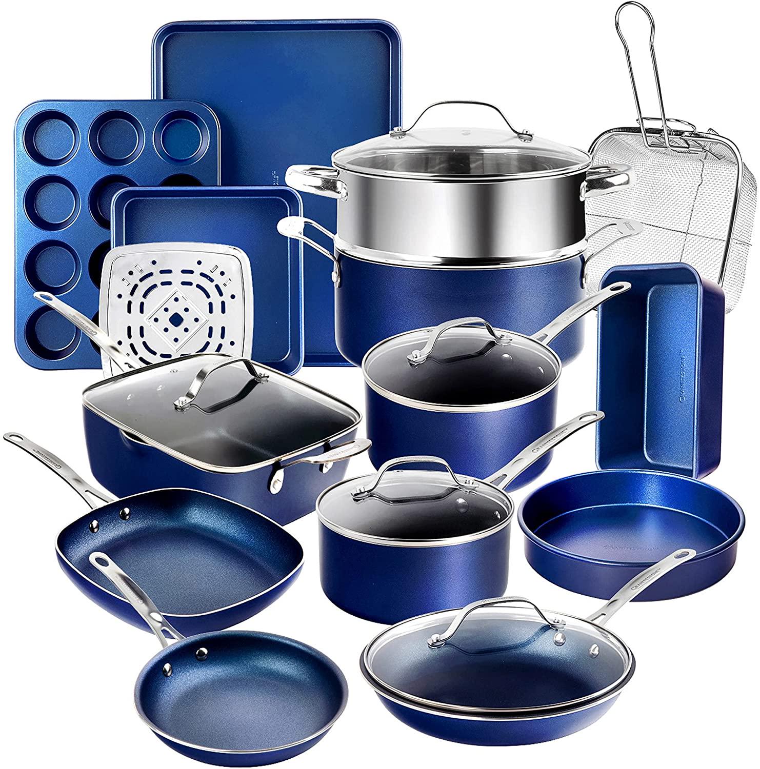 Granite Stone Blue 20 Piece Pots and Pans Set， Nonstick Cookware and Bakeware Set