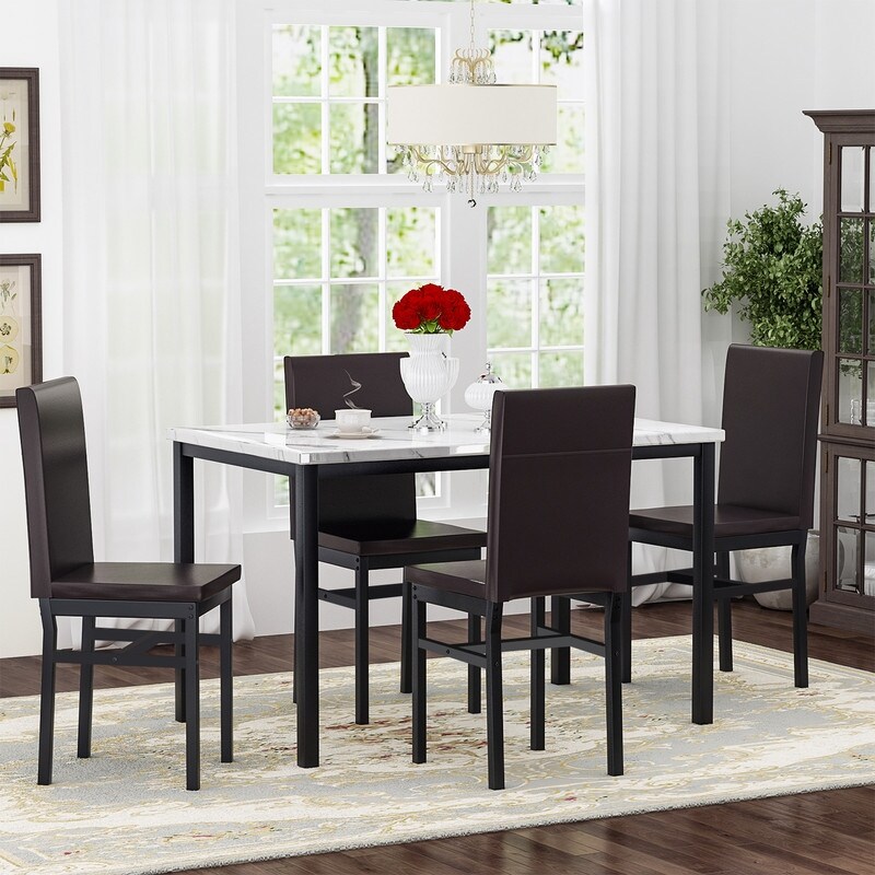 Mieres 5 Pieces Faux Marble Dining Table Set with 4 Upholstered PU Leather Chairs