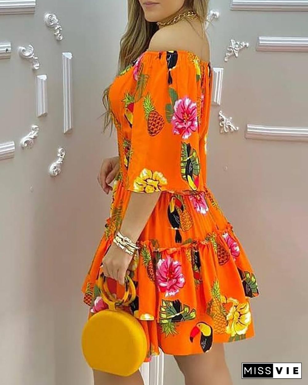 Fashion Elegant Fruit Print Off Shoulder Short Sleeve Kawaii Fairy High Waist Pleated A-Line Dress Summer Women's Party Dress