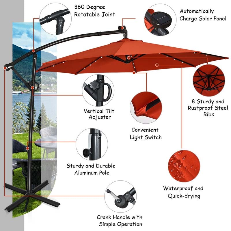 10 FT Patio Offset Umbrella with Solar Lights 360° Rotation Outdoor Market Umbrella with Crank Handle & Cross Base