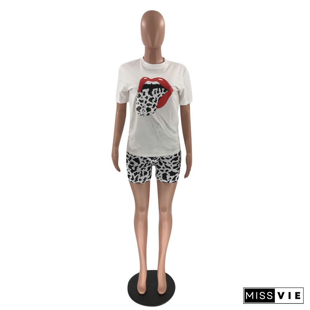 Hot-Selling Lip Print Short-Sleeved T-shirt and Shorts Two-piece Set