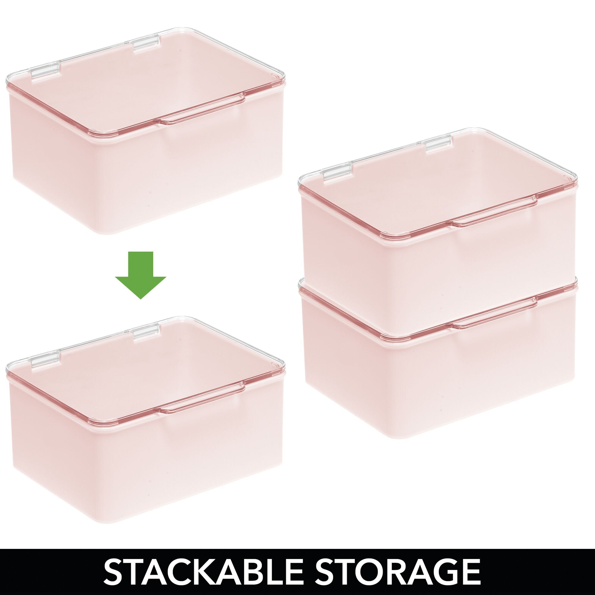 mDesign Stackable Plastic Storage Box with Hinged Lid - Organizer for Vitamins, Supplements, Essential Oils, Medicine, Bandages, First Aid Supplies - Pack of 4, Includes 32 Labels - Light Pink/Clear