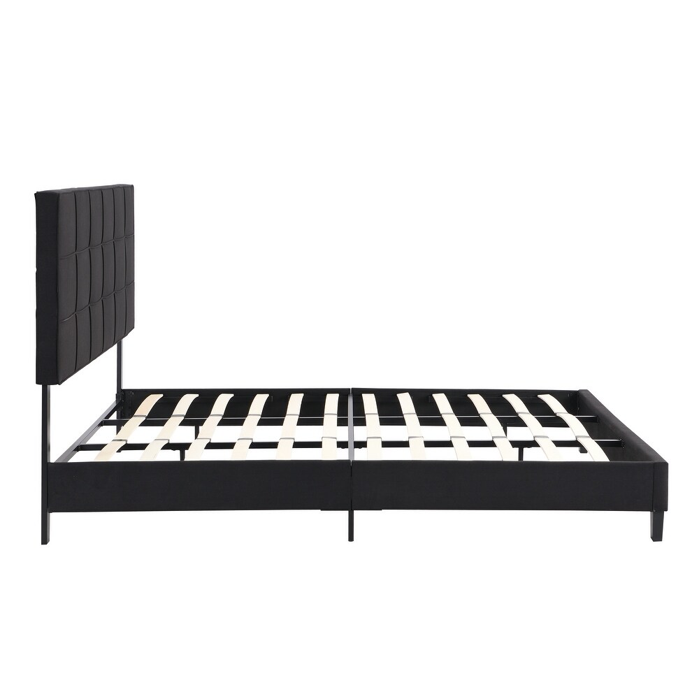 King Size Upholstered Platform Bed Frame with Linen Fabric Headboard