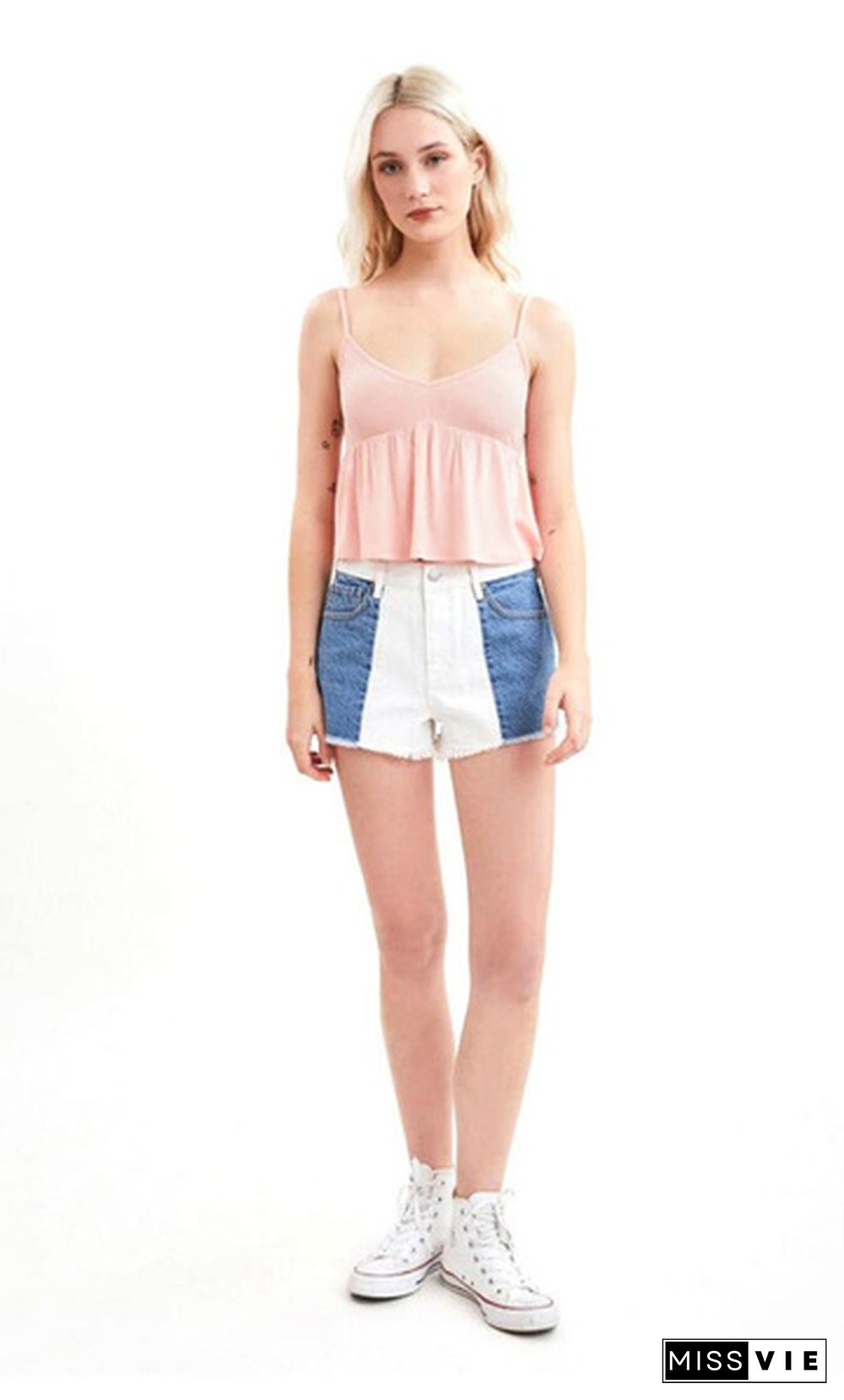 Women Stitched High Stretch Mid Waist Denim Shorts