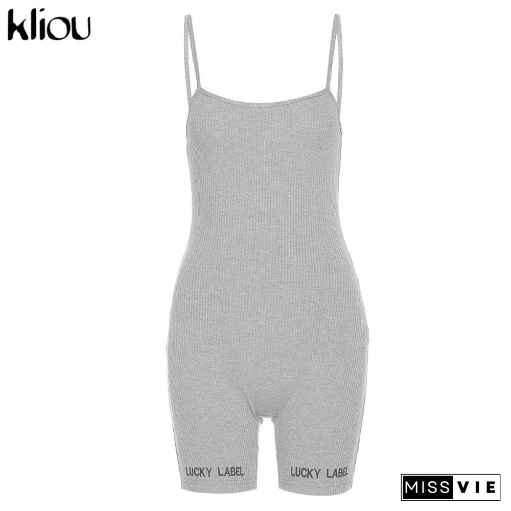 Kliou Suspenders Rompers Women Summer Playsuit Slash Neck Letters Embroidery Elastic Streetwear Ribbed Sleeveless Slim