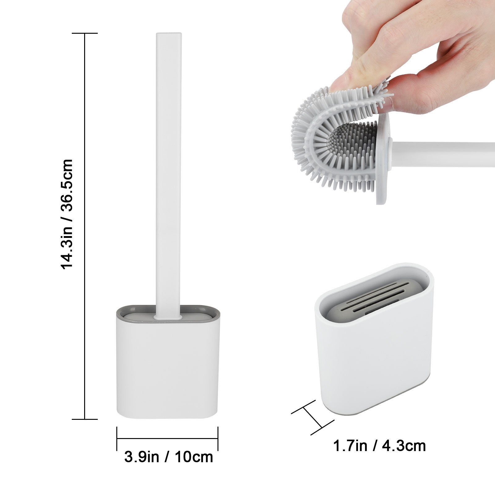 TSV Revolutionary Silicone Flex Toilet Cleaning Brush with Case， Soft Silicone Bristle Sturdy Deep Cleaner Bathroom Toilet Brush and Quick Drying Holder Set， No-Slip Long Plastic Handle， White