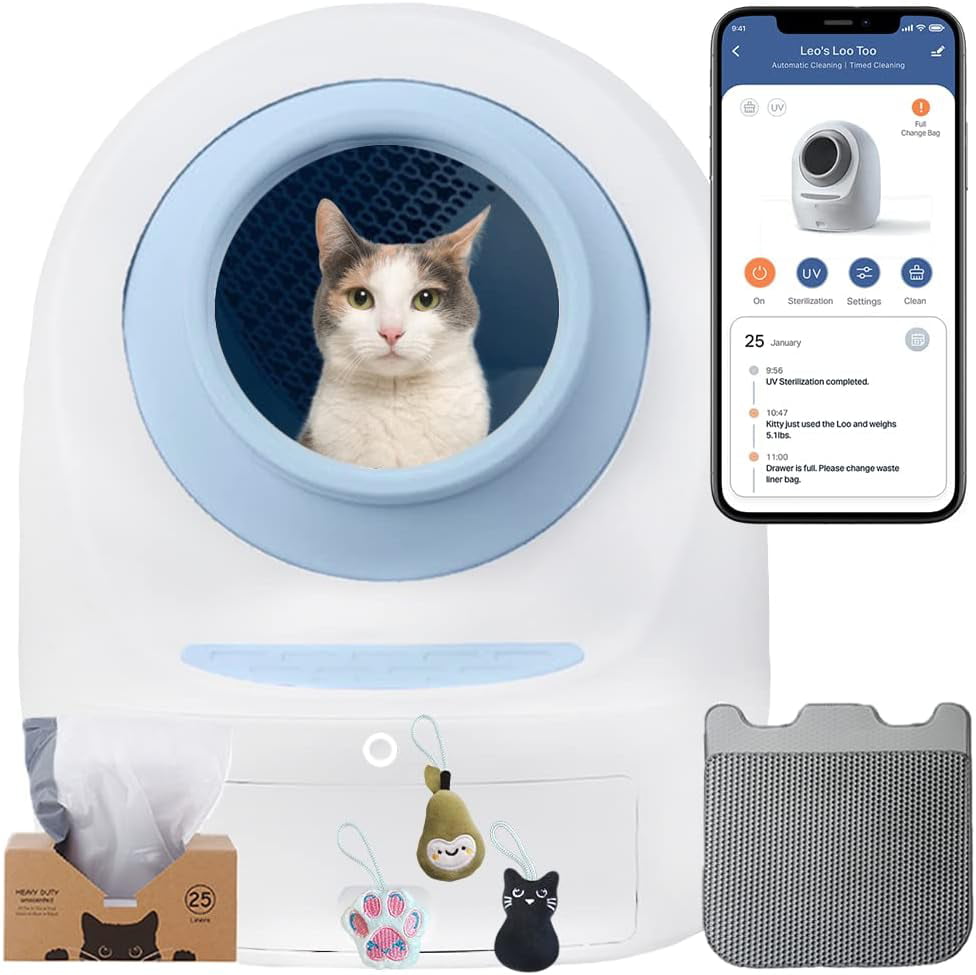 Leo's Loo Too Bundle Blue- No Mess Automatic Self-Cleaning Cat Litter Box Includes Charcoal Filter， Built-In Scale， Smart Home App With Voice Contol