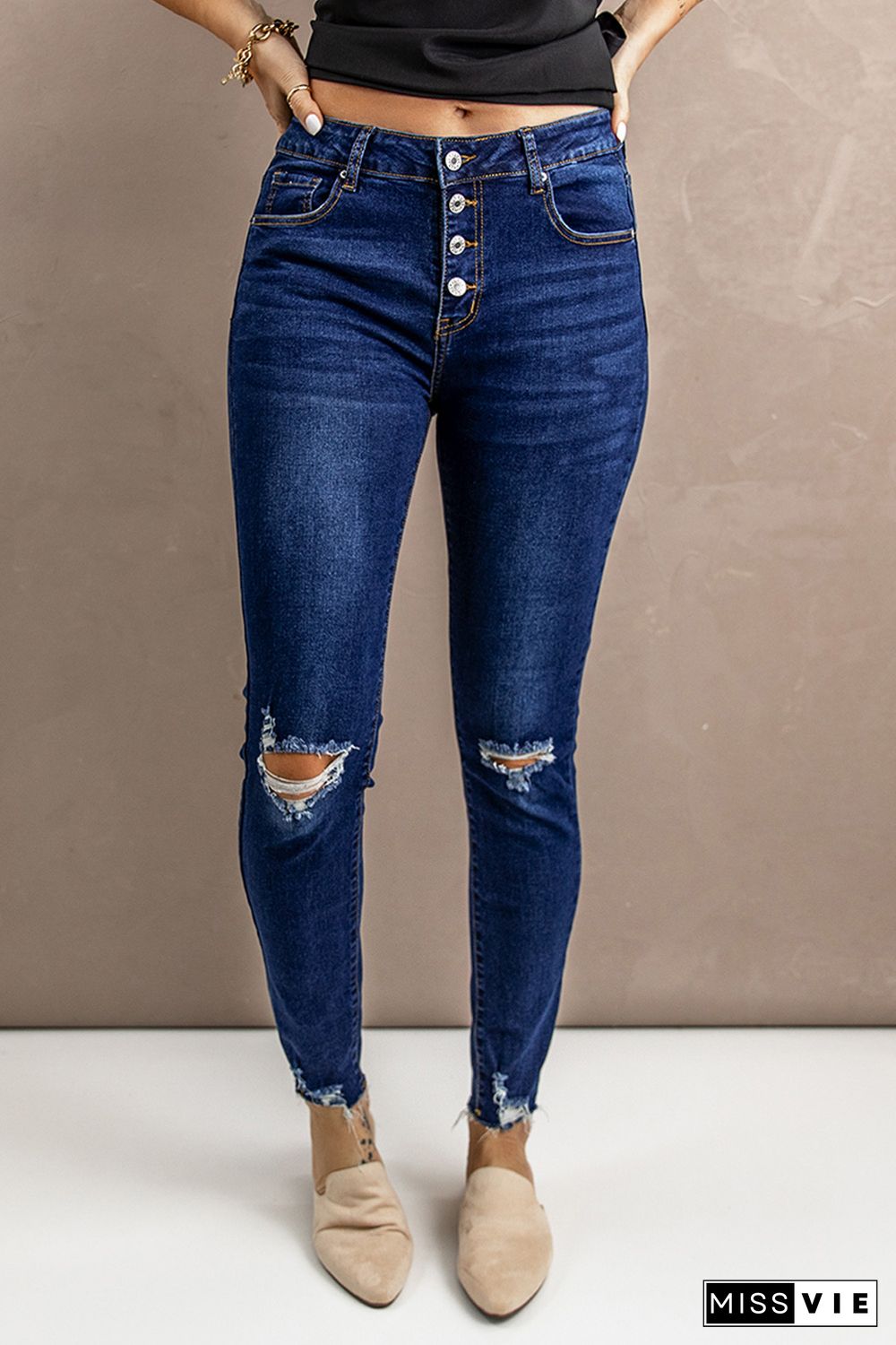 Blue Ripped Button Fly Skinny Jeans