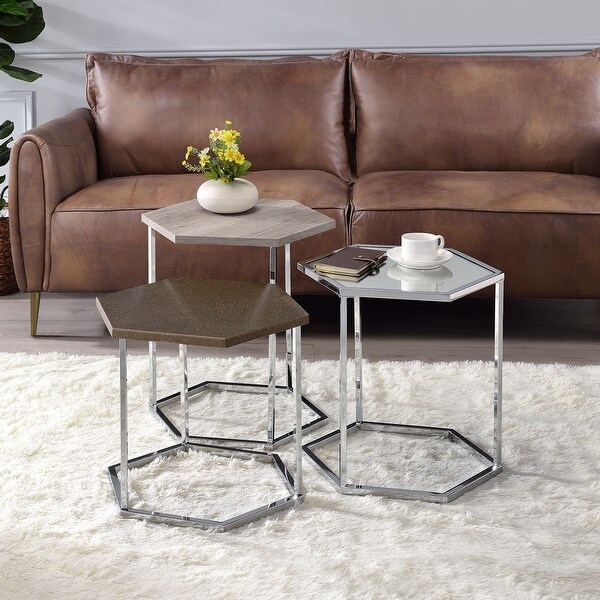 Hexagonal Nesting Coffee Table Metal Frame Tea Table Set of 3