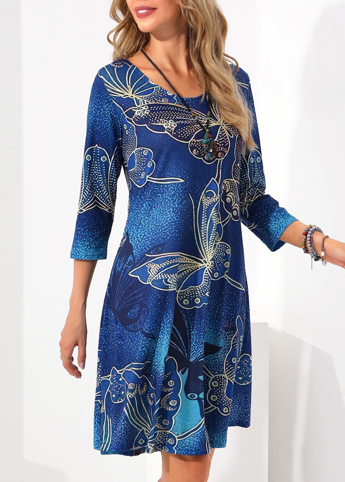 Butterfly Print 3/4 Sleeve Blue Dress