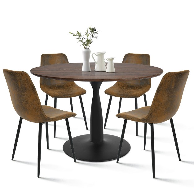 Harold bingo Modern 5 Piece Black Round Dining Table Set With Black Faux Leather Dining Chairs Set Of 4 With Walnut Finish Legs maison Boucle