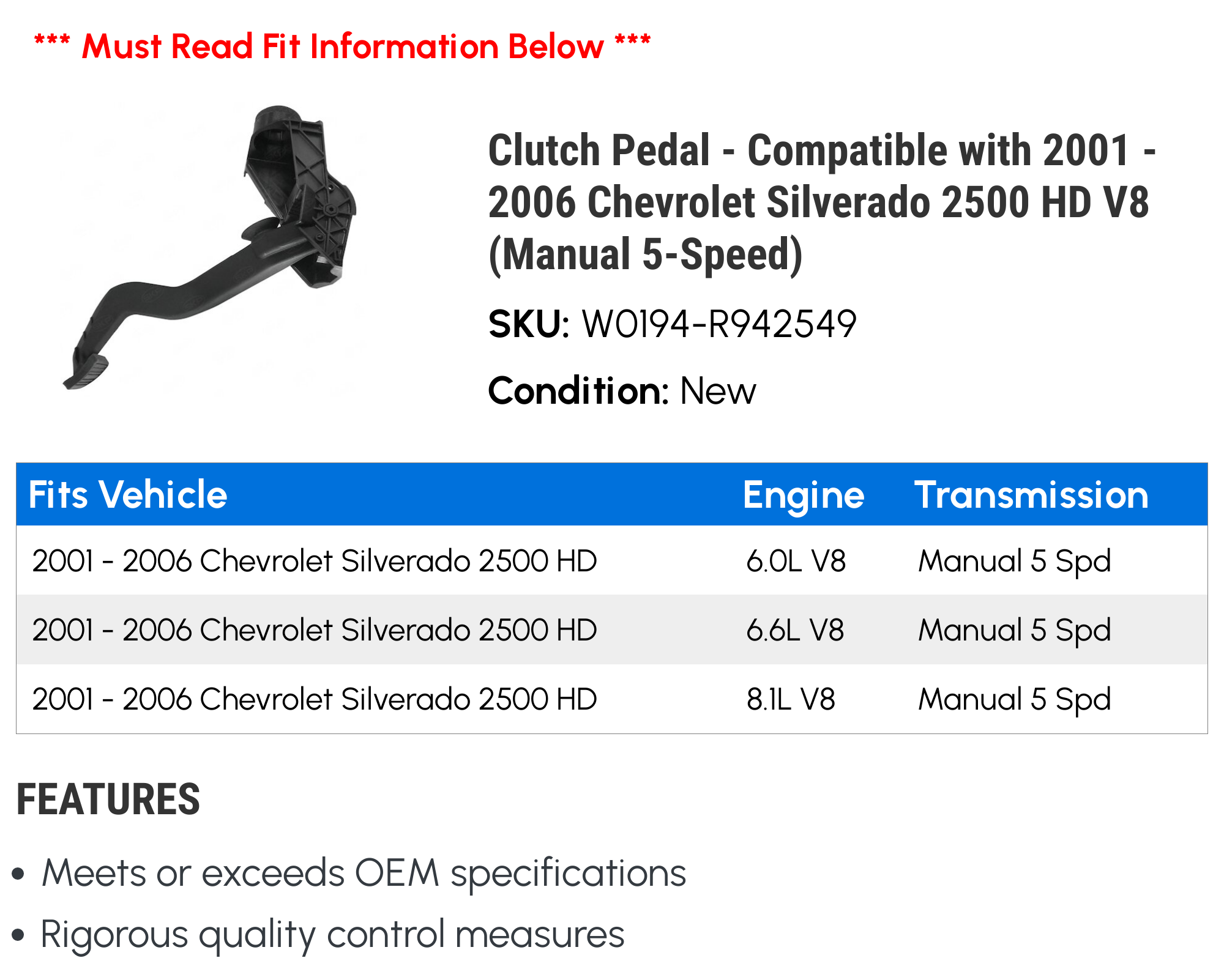 Clutch Pedal - Compatible with 2001 - 2006 Chevy Silverado 2500 HD V8 (Manual 5-Speed) 2002 2003 2004 2005