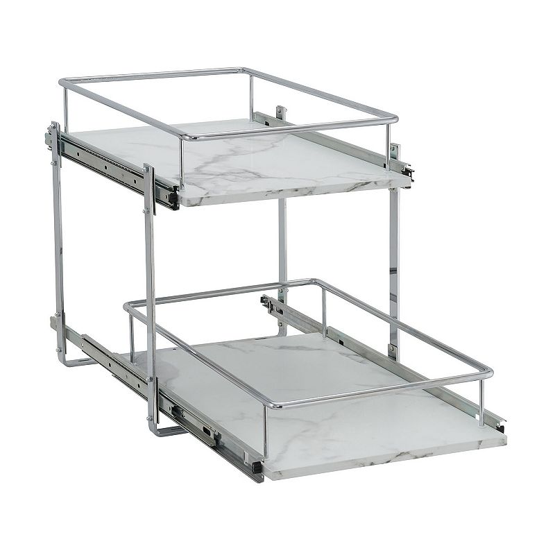 Household Essentials 15-Inch 2-Tier Sliding Cabinet Organizer， Extended Length， Chrome and Faux Marble