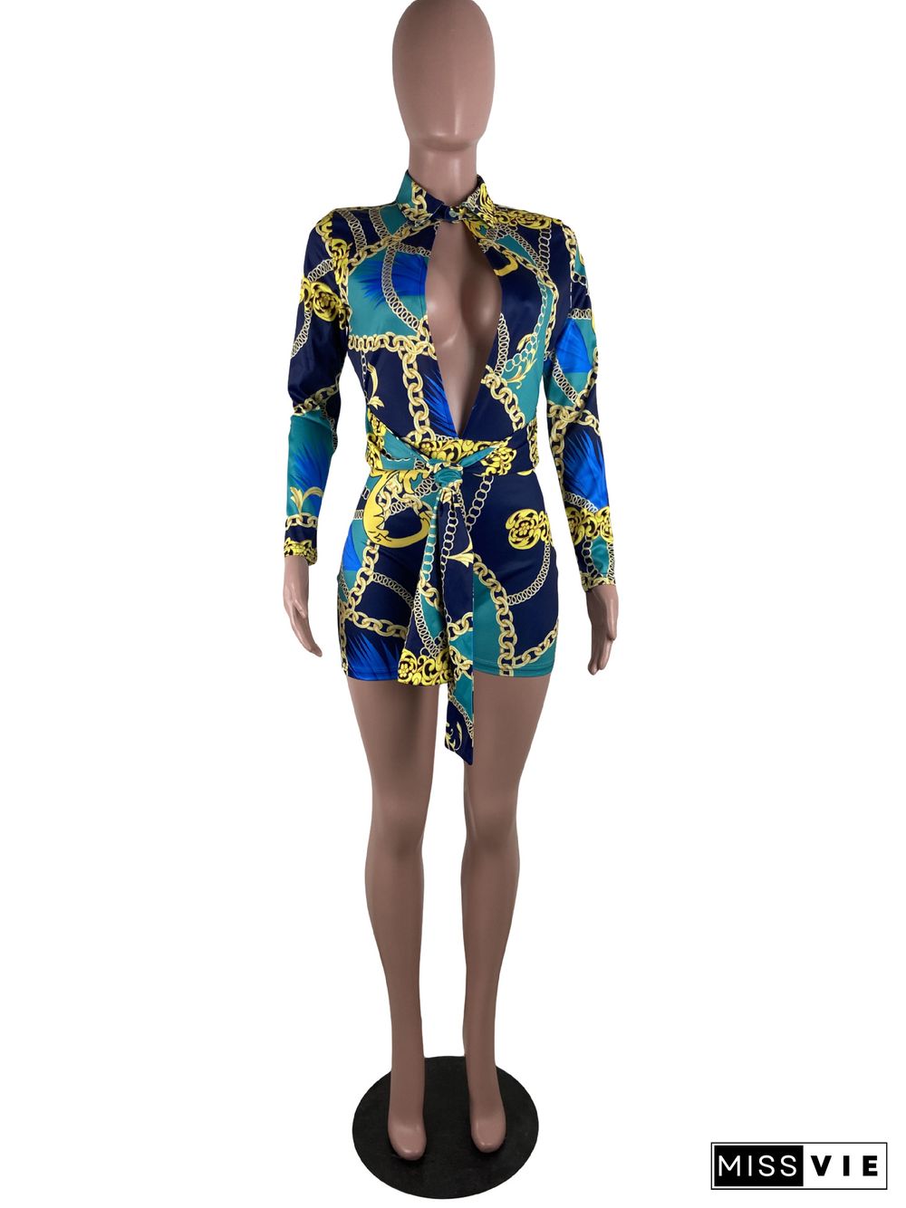 Women Mixed Print Long Sleeve High Waist Bodycon Rompers