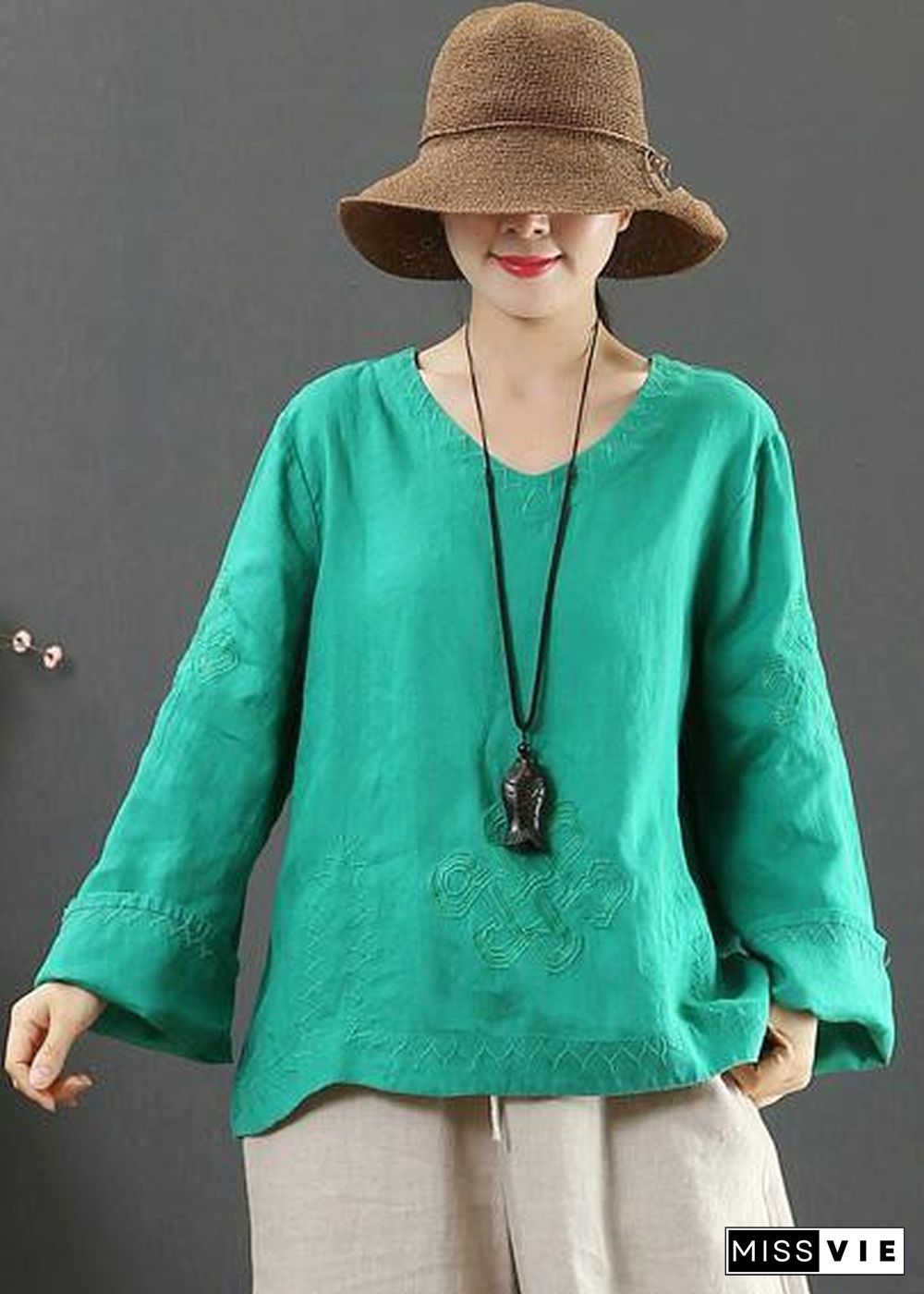 Elegant V Neck Embroidery Spring Tops Women Neckline Green Shirt