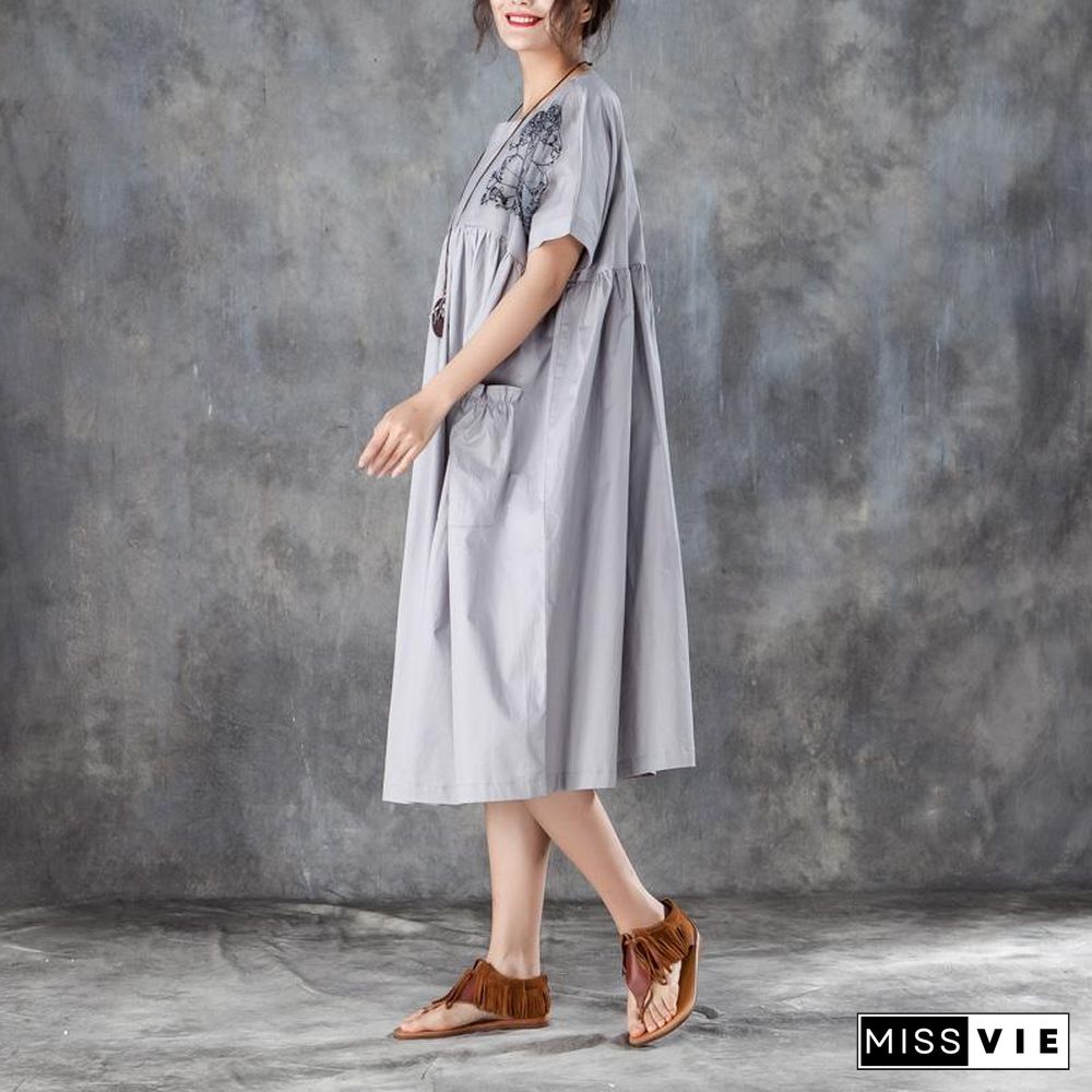 baggy natural cotton dress  stylish Loose Short Sleeve Round Neck Gray Pleated Dress