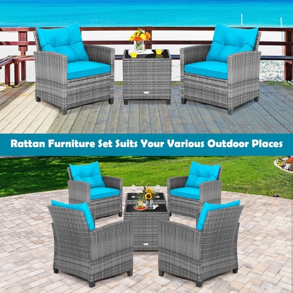 3Piece Outdoor Wicker Patio Furniture Set with Tempered Glass Coffee Table