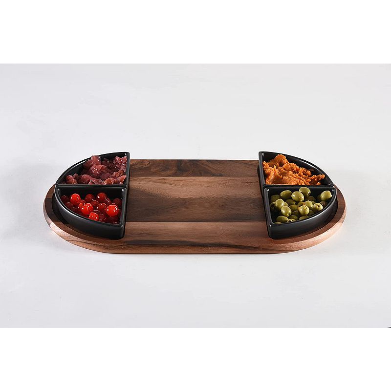 Charcuterie/ Serving Tray w/ 4 black triangular ceramic bowls