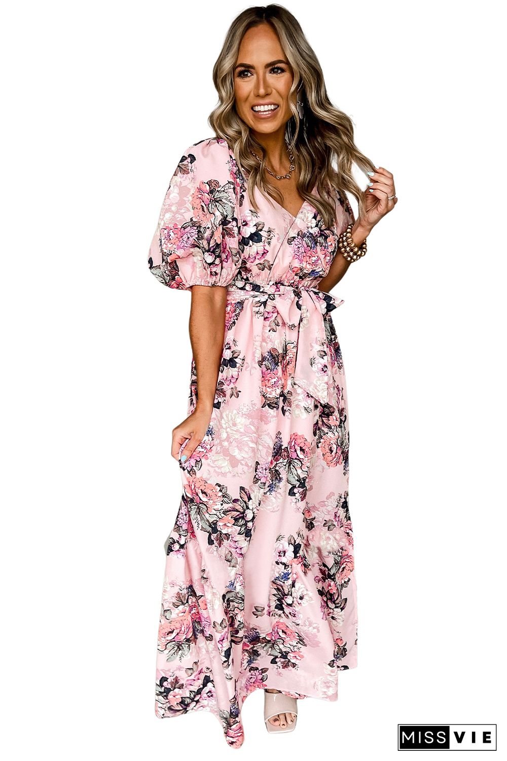 Pink Floral Puff Sleeve High Waist Maxi Dress