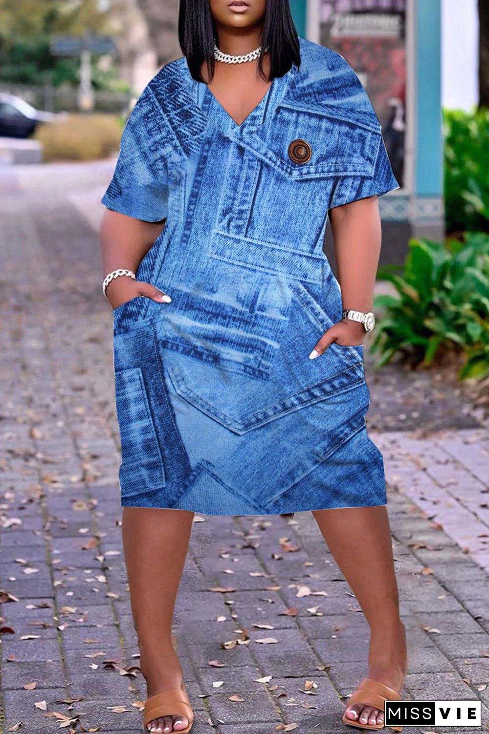 Dark Blue Casual Print Patchwork Pocket V Neck Short Sleeve Dress