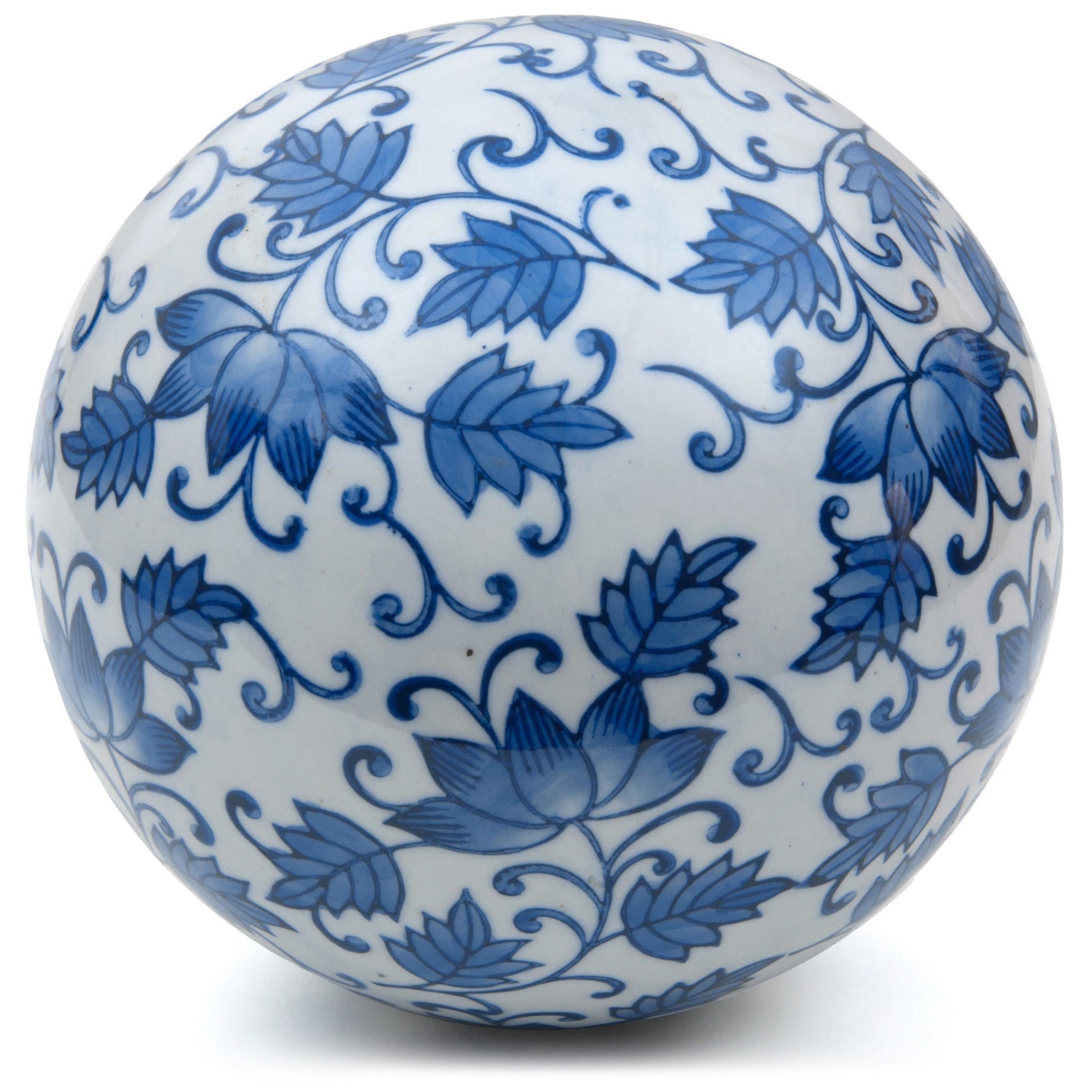 Oriental Furniture 6" Decorative Porcelain Ball, Blue Leaves, Decorative item, center piece