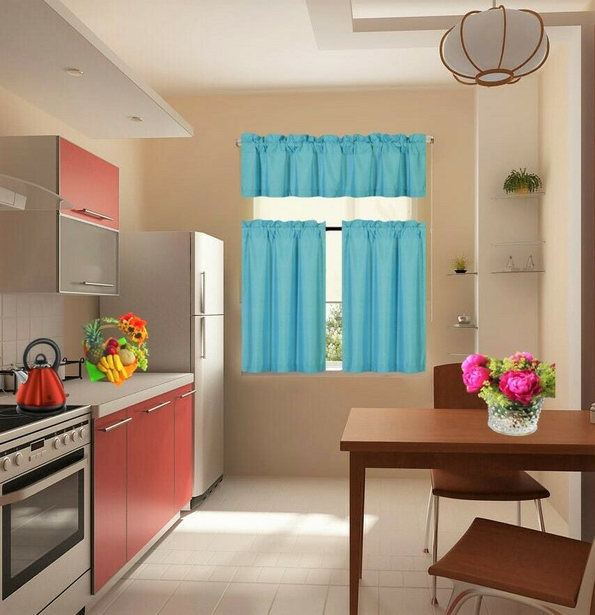 3 PIECE SOLID COLOR FAUX SILK BLACKOUT KITCHEN WINDOW CURTAIN SET WITH TIERS AND VALANCE SOLID COLOR LINED THERMAL BLACKOUT DRAPE WINDOW TREATMENT SET K3 (TURQUOISE)