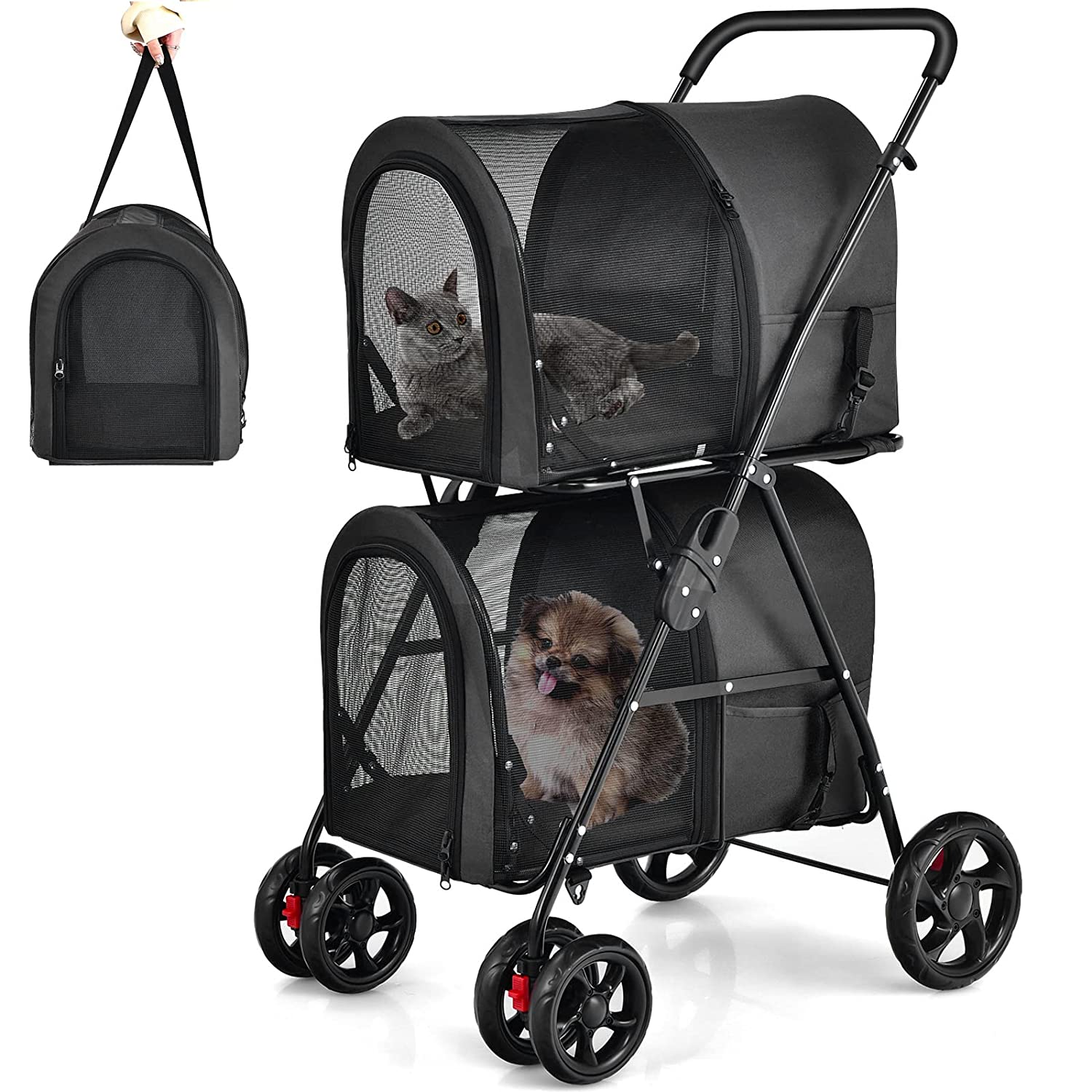 Double Pet Stroller with 2 Detachable Carrier Bags， Safety Belt， 4 Lockable Wheels Cat Stroller Travel Carrier Strolling Cart， Folding Dog Stroller for Small Medium Dogs Cats Puppy (Black)