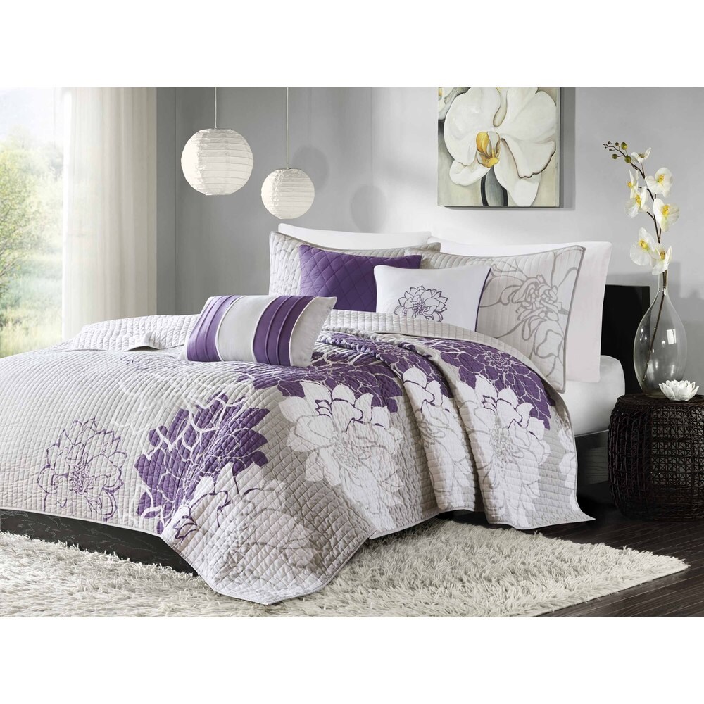 Madison Park Bridgette Purple 6 Piece Printed Cotton Quilt Set with Throw Pillows