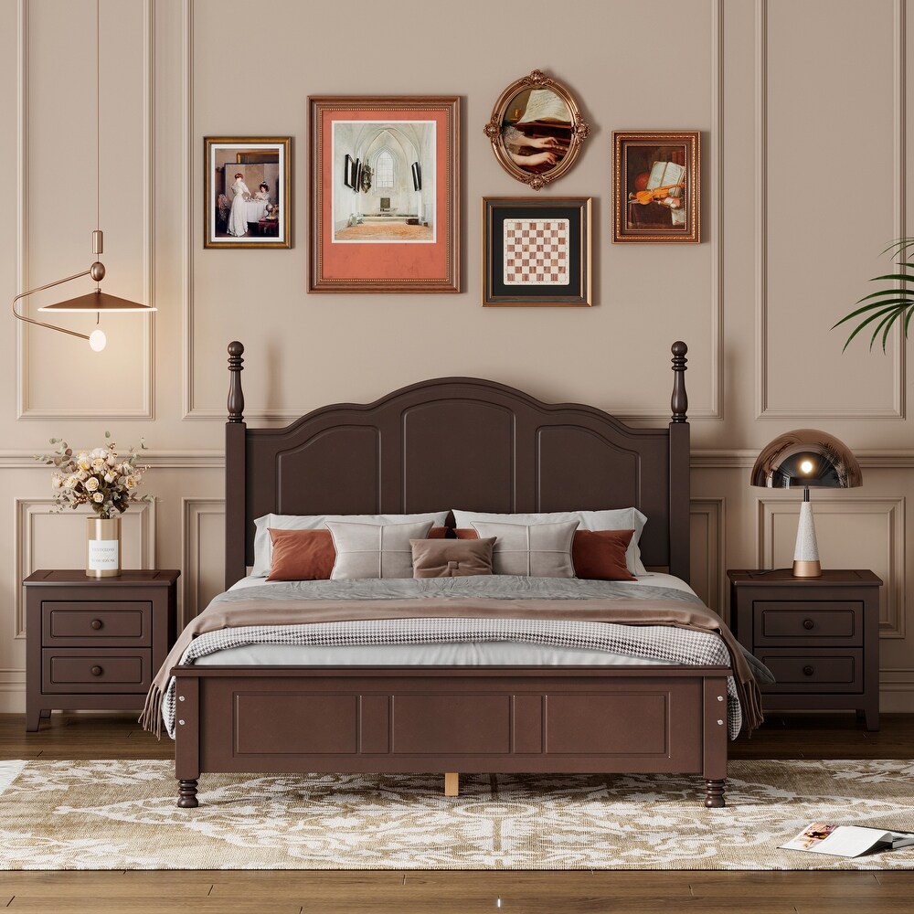 3 Pieces Retro Style Bedroom Sets  Full Size Wood Platform Bed and Two Wood Finished Nightstands  Walnut