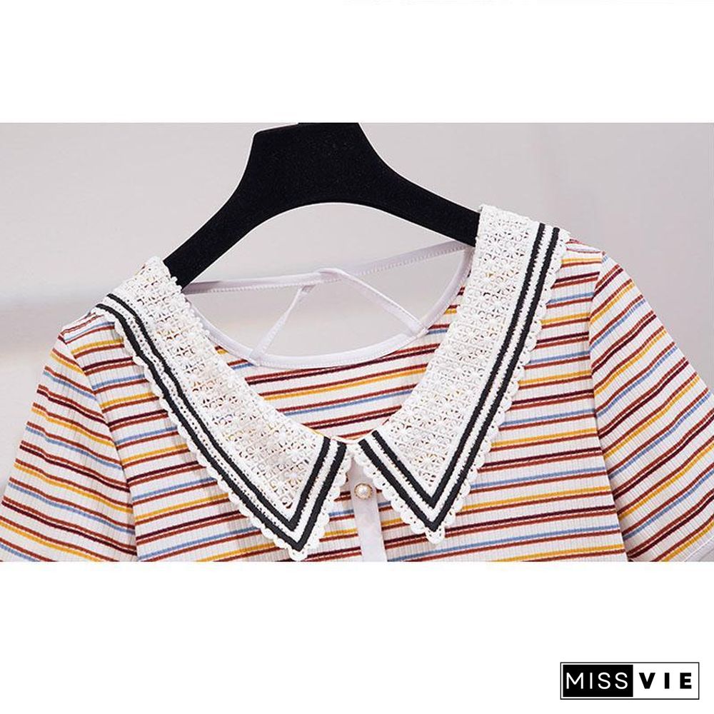 Stripe Lapel Tee+Denim Shorts P15530