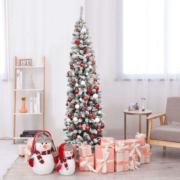 Costway 7.5Ft Prelit Snow Flocked Artificial Pencil Christmas Tree