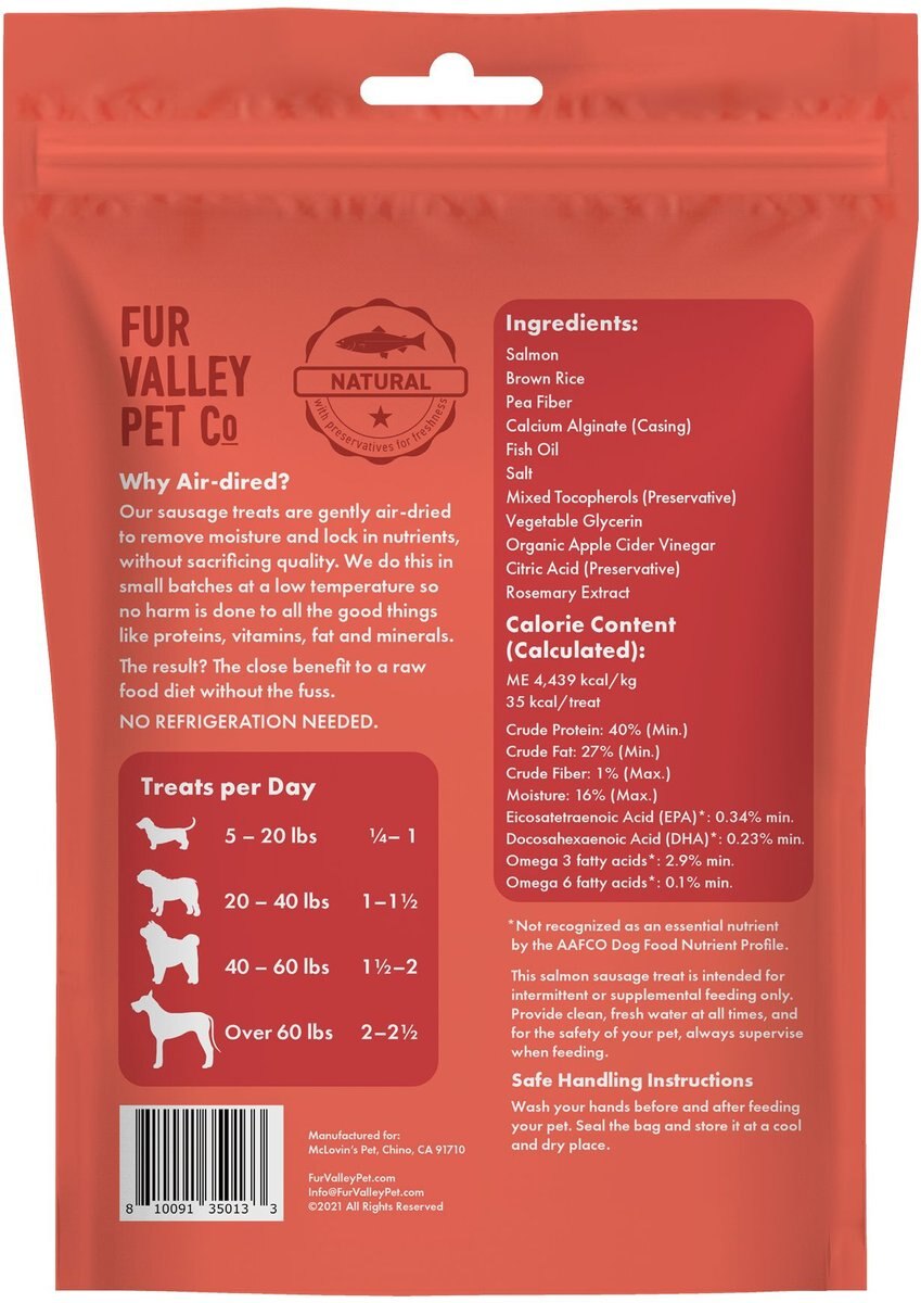 Fur Valley Salmon Sausage Jerky Dog Treats， 4-oz bag