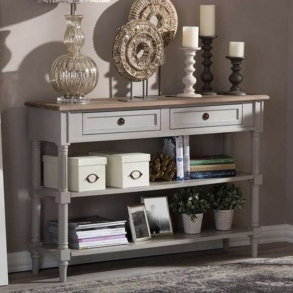 Edouard French Provincial Style White Wash Distressed Wood and Grey Two-tone 2-drawer Console Table