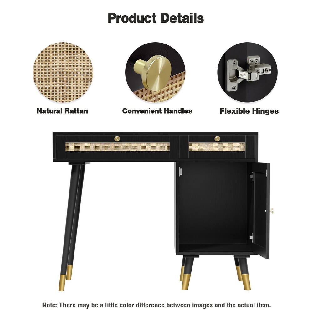 Farmhouse Rattan Computer Writing Desk   Black/Gold   39.4\