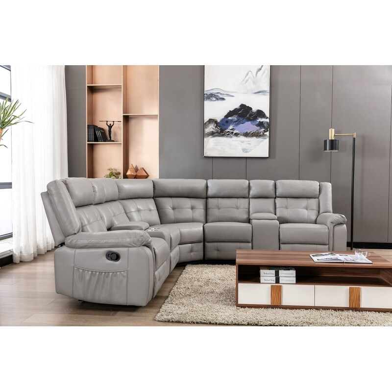 SIDA PU Leather Reclining Sectional Sofa Set   Grey Dark Blue   40.5*109.85*35.6