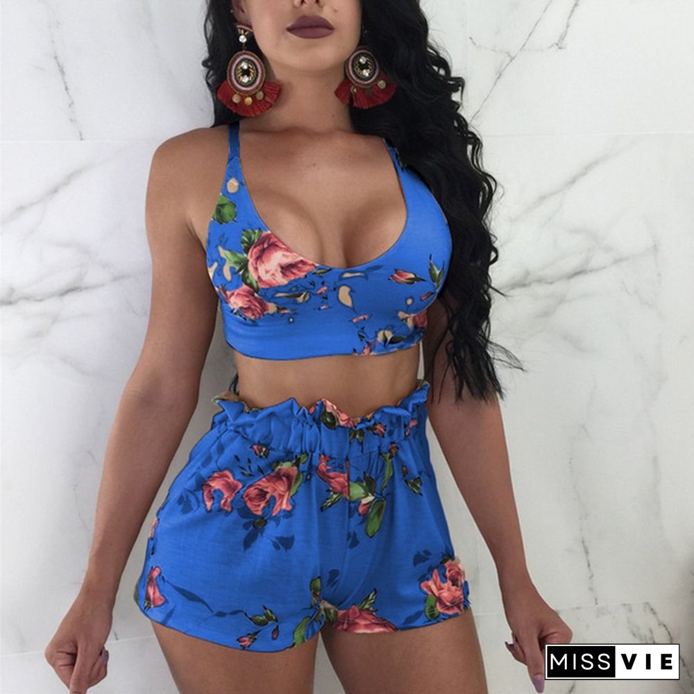 Europe Style Women Floral Print Sexy Crop Top And Shorts Summer Outfits