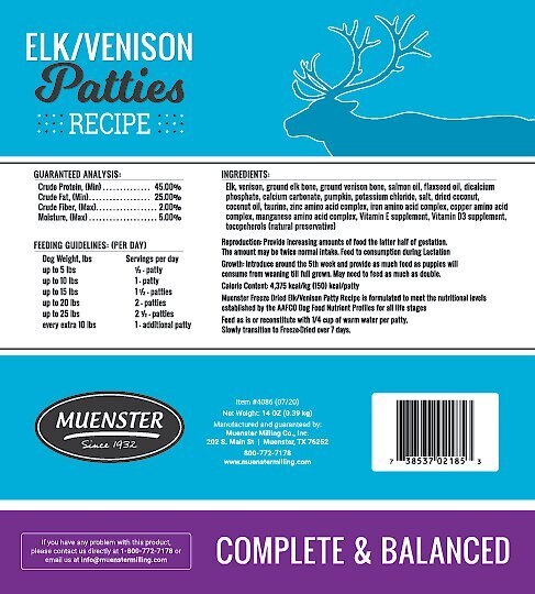 Muenster Elk and Venison Patties Complete and Balanced Grain-Free Freeze-Dried Dog Treats， 14-oz bag