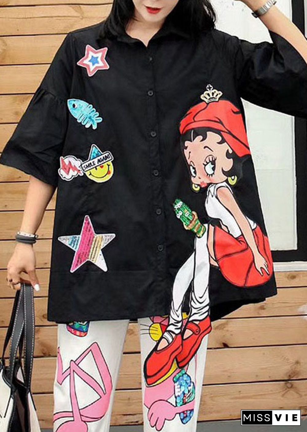 New Black Cartoon Sequins Patchwork Cotton Shirts Top Summer