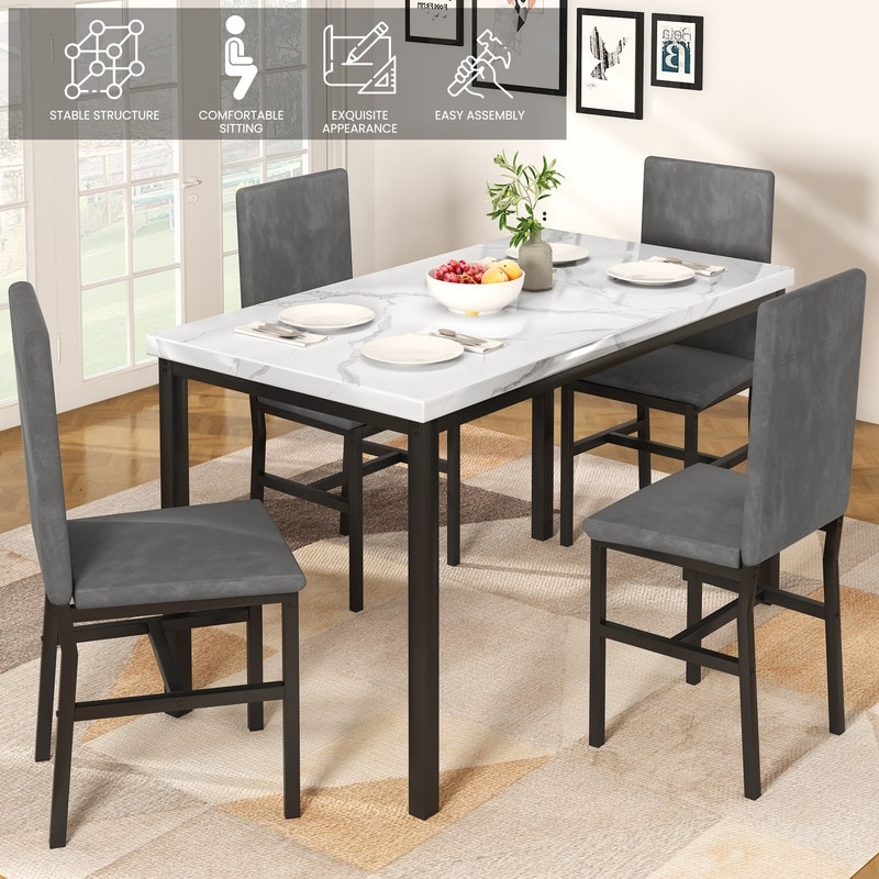 Grondin Modern Style Faux Marble Top 5 Piece Casual Dining Set with 4 Velvet Upholstered Dining Chairs