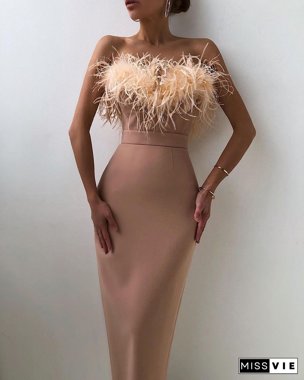 Feather Detail Bandeau Skinny Party Dress