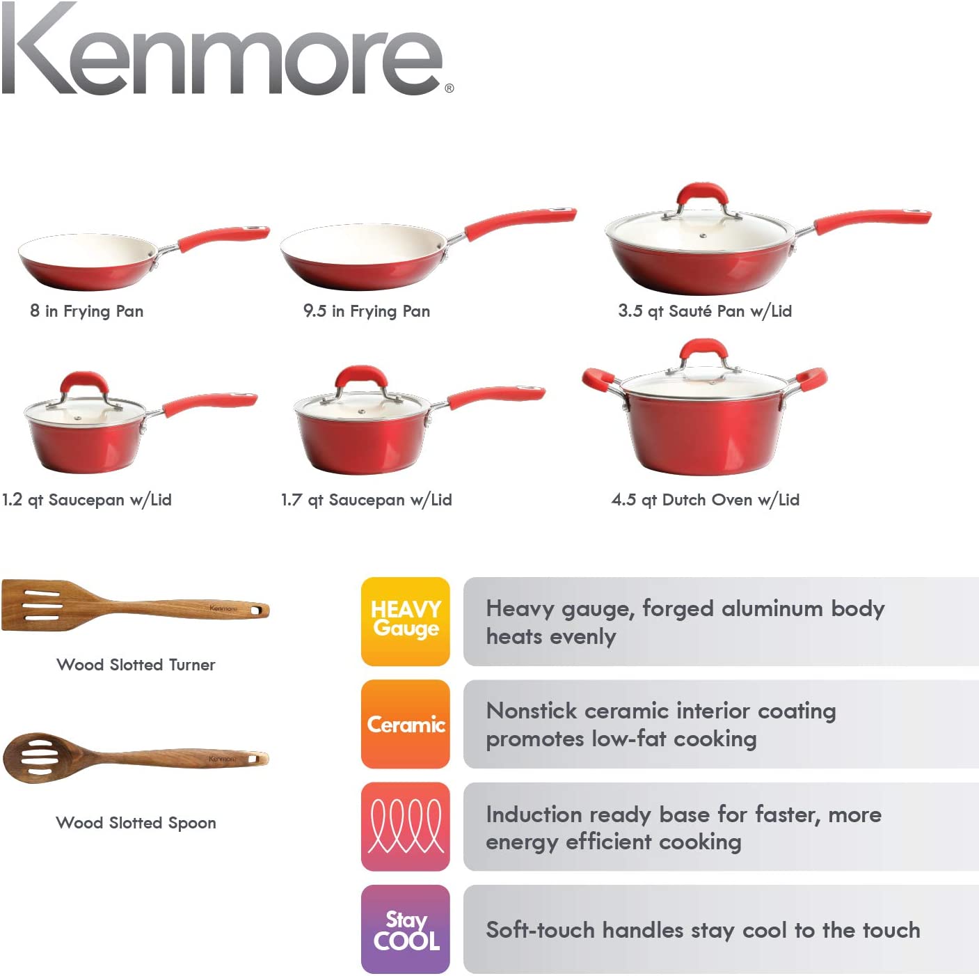 Kenmore Arlington Healthy Nonstick Ceramic Coated Forged Aluminum Induction Cookware， 12-Piece， Metallic Red